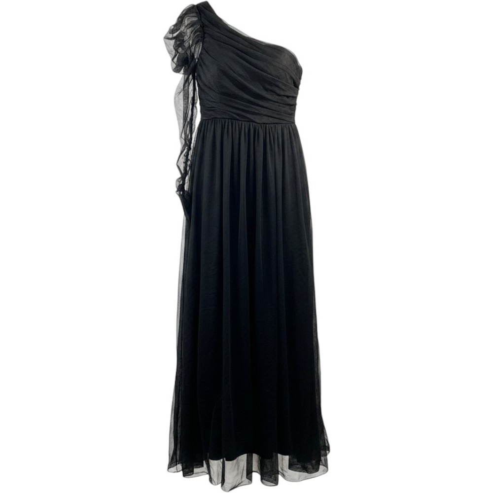 One Shoulder Evening Gown Women XL Black Tulle Ruched Formal Dress Romantic